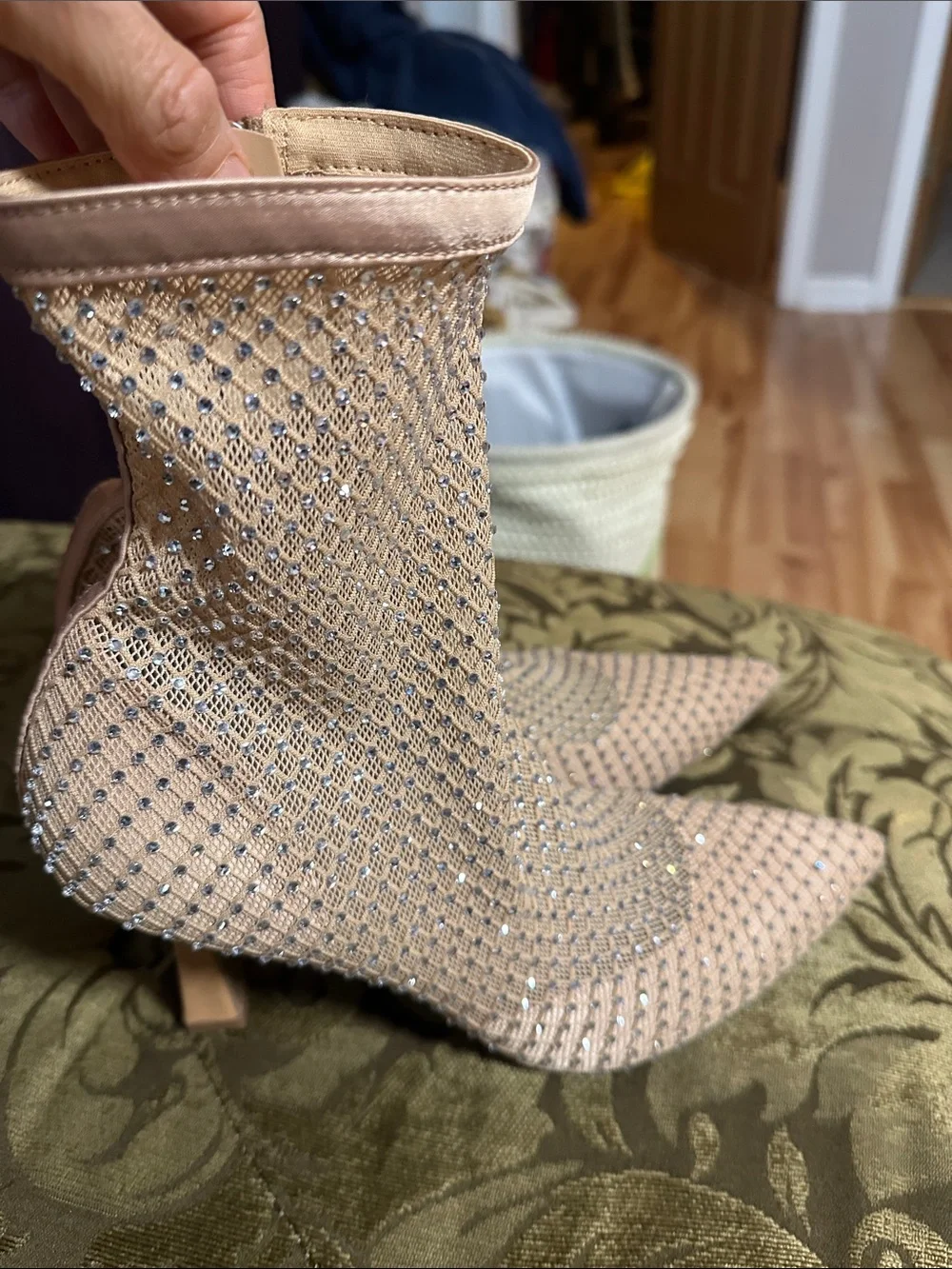 Women's Nude Mesh Ankle Booties with Embellished Rhinestones new no tags